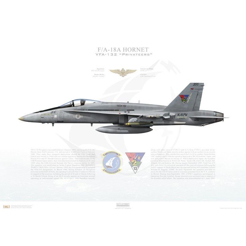 F/A-18A Hornet VFA-132 Privateers, AK200 / 162422 / 1990 - Profile Print
